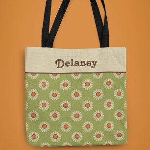 Cream und Orange Daisis auf Avocado Green Pattern Tasche