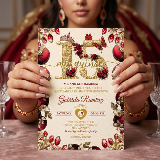 Cream und Rot Golden Mis Quince 15 Quinceañera Einladung