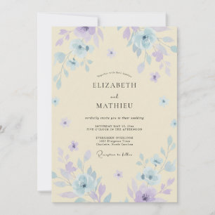 Cream-Veilchen-Wildblumen-Hochzeit Einladung