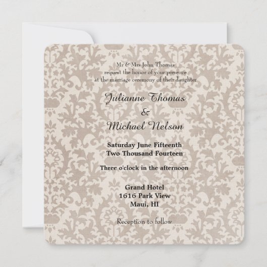 Cream Vintag Damask Wedding Einladung (Vorderseite)