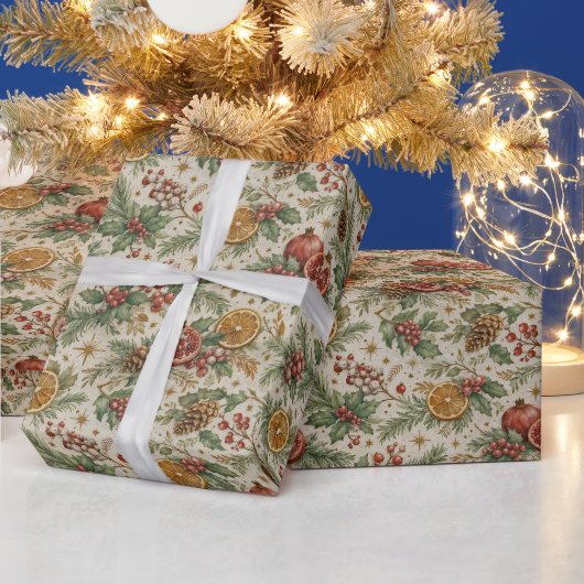 Cream Vintage Botanical Christmas Citrus Pattern Geschenkpapier (Feiertage)