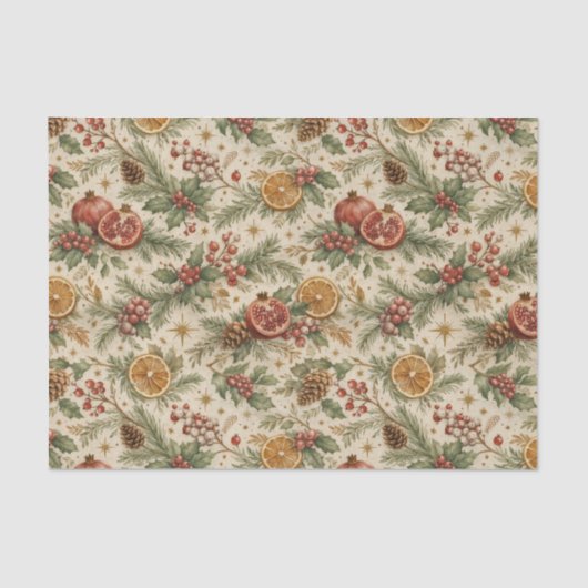 Cream Vintage Botanical Christmas Citrus Pattern Seidenpapier (Vorderseite)