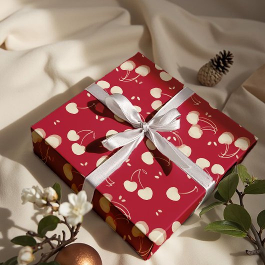 Cream Watercolor Cherries on Red – Valentine  Geschenkpapier