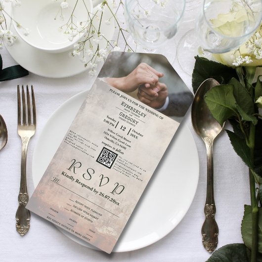 Cream Weathered Whitewash Textur QR Code Foto All In One Einladung