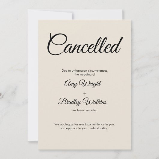 Cream Wedding Cancellation Announcement Card Einladung (Vorderseite)