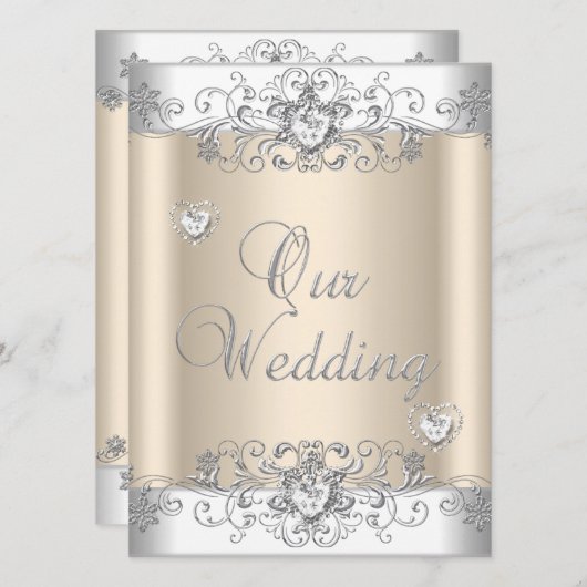 Cream Wedding Silver White Diamond Hearts Einladung (Vorne/Hinten)
