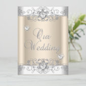 Cream Wedding Silver White Diamond Hearts Einladung (Stehend Vorderseite)