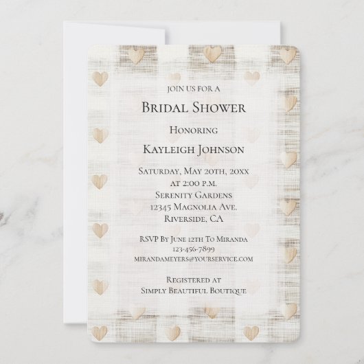 Cream White Beige Boho Hearts Brautparty Einladung (Vorderseite)
