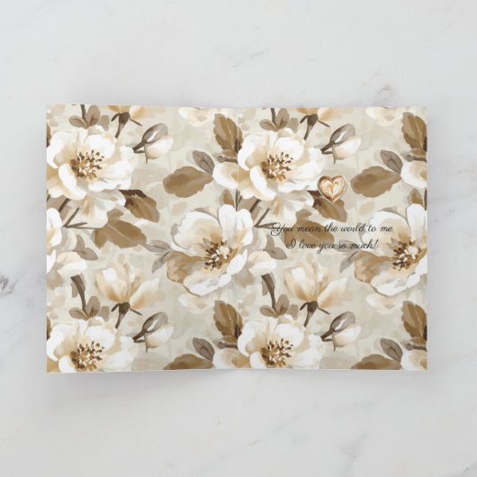 Cream White Brown Floral Heart Love Karte (Innenseite)