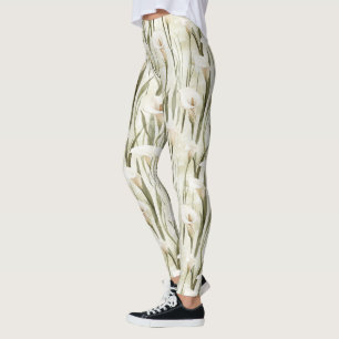 Cream White Calla Lily Floral Leggings