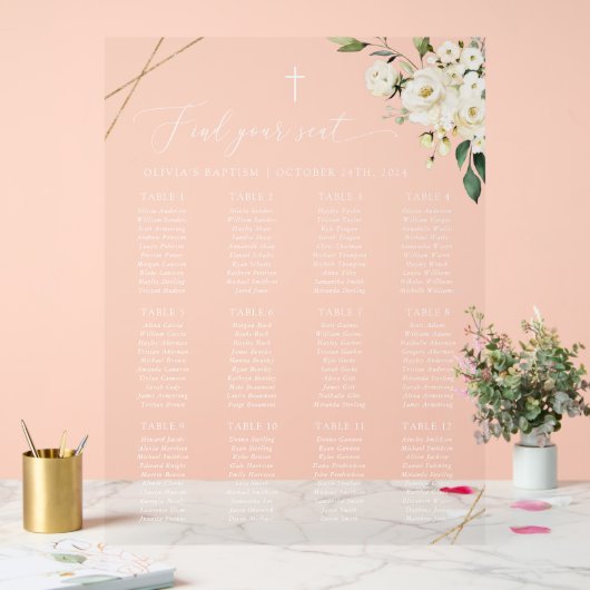 Cream White Flowers, Boho, Baptism Seating Chart Acrylschild (Hochzeit)