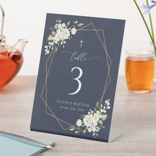 Cream White Flowers, Boho, Baptism Table Numbers Sockelschild (In Situ)