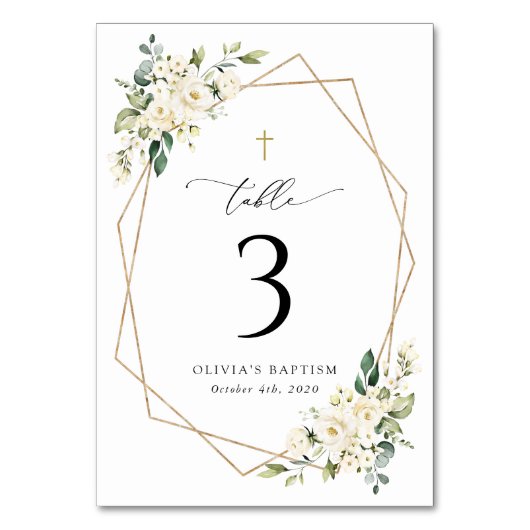Cream White Flowers, Boho, Baptism Table Numbers Tischnummer (Vorderseite)