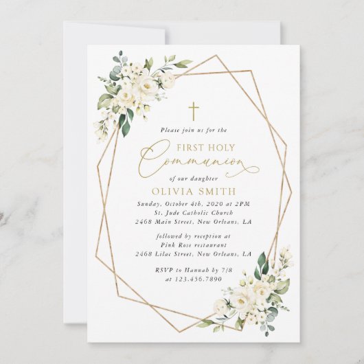 Cream White Flowers, Boho, First Holy Communion Einladung (Vorderseite)