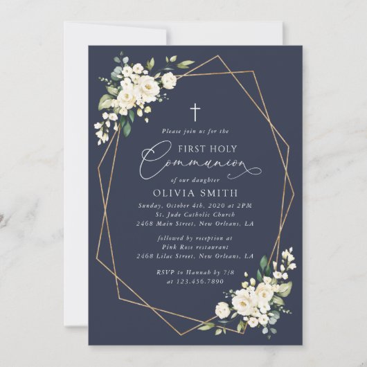 Cream White Flowers, Boho, First Holy Communion Einladung (Vorderseite)