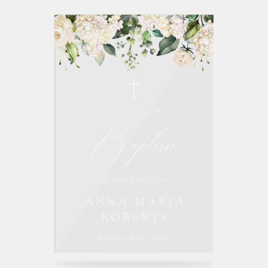 Cream White Flowers, Boho, Floral Baptism Welcome Acrylschild (Vorderseite)
