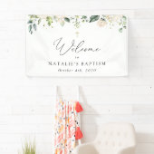 Cream White Flowers, Boho, Floral Baptism Welcome Banner (Insitu)