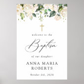 Cream White Flowers, Boho, Floral Baptism Welcome Poster (Vorne)