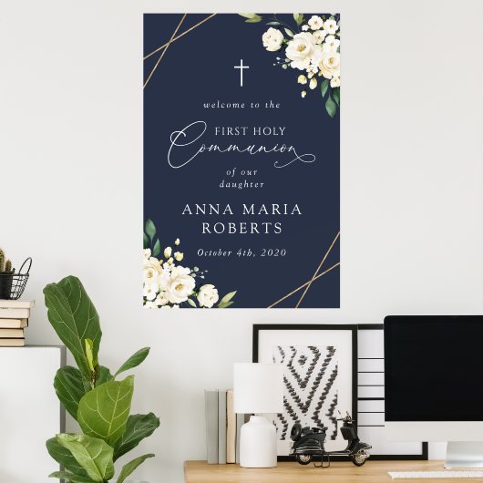 Cream White Flowers, First Holy Communion Welcome Poster (Heimbüro)