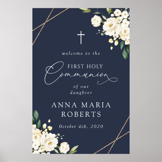 Cream White Flowers, First Holy Communion Welcome Poster (Vorne)