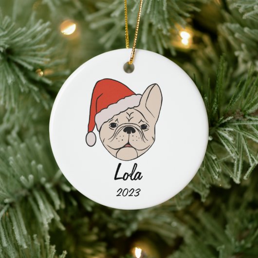 Cream/White Frenchie Weihnachtsmannmütze Weihnacht Keramik Ornament (Baum)