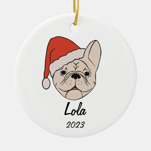 Cream/White Frenchie Weihnachtsmannmütze Weihnacht Keramik Ornament (Vorne)