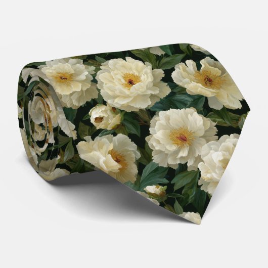 Cream White Peony Floral Pattern Krawatte (Gerollt)