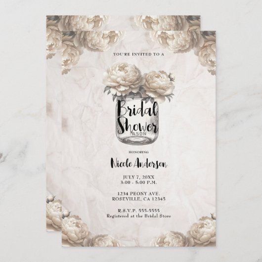 Cream White Peony Mason Jar Rustikales Brautparty Einladung (Vorne/Hinten)