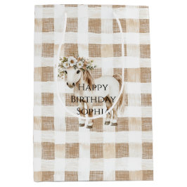 Cream White Plaid Stripes Horse Birthday Mittlere Geschenktüte