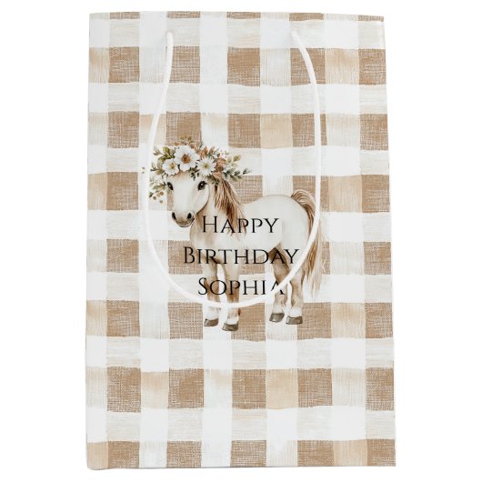 Cream White Plaid Stripes Horse Birthday Mittlere Geschenktüte (Vorderseite)