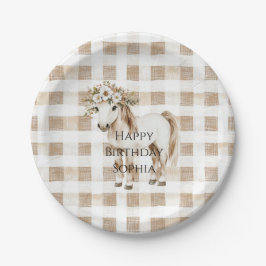 Cream White Plaid Stripes Horse Birthday Pappteller