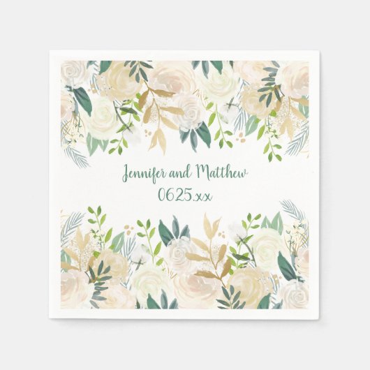 Cream White Roses Glitzer Greenery Empfang #2 | Serviette (Vorderseite)