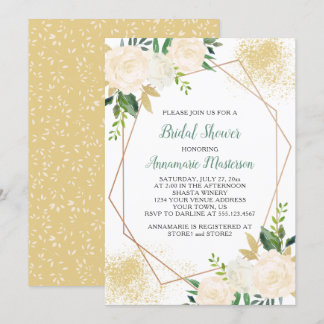 Cream White Roses Greenery Geometrisches Brautpart Einladung
