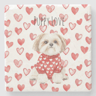 Cream White Shih Zhu Hund roter Herz Pullover Steinuntersetzer