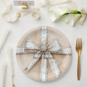 Cream White Silver Glitzy Glam Bow Birthday Pappteller