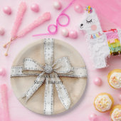 Cream White Silver Glitzy Glam Bow Birthday Pappteller (Party)