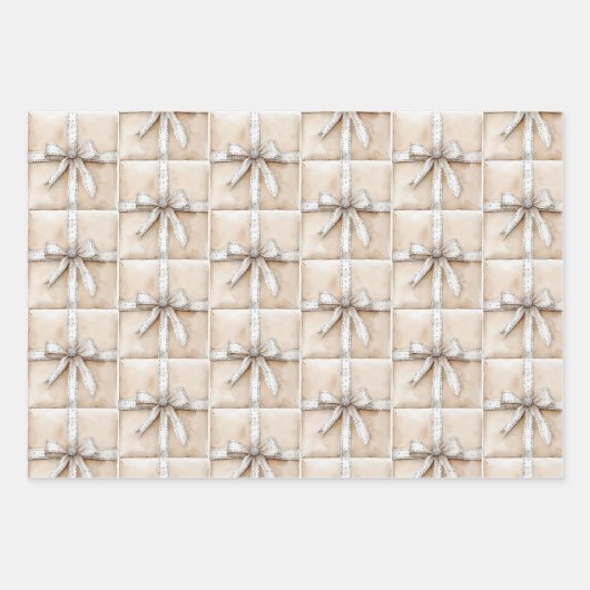 Cream White Silver Glitzy Glam Bow Geschenkpapier Set (Vorderseite 3)