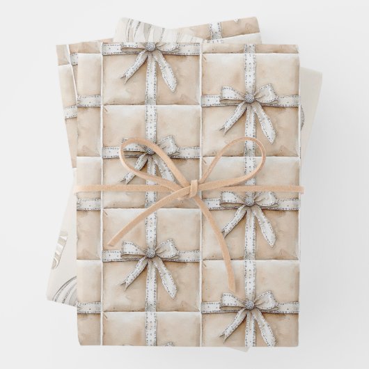 Cream White Silver Glitzy Glam Bow Geschenkpapier Set (Beispiel)