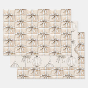 Cream White Silver Glitzy Glam Bow Geschenkpapier Set