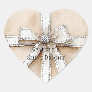 Cream White Silver Glitzy Glam Bow Herz-Aufkleber