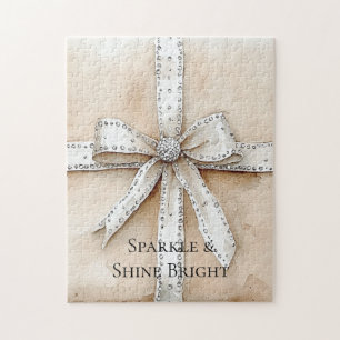 Cream White Silver Glitzy Glam Bow Puzzle