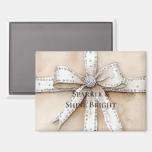 Cream White Silver Glitzy Glam Bow Weihnachten Magnet (Vorderseite/Rückseite)