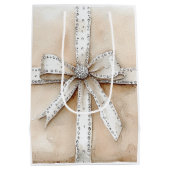 Cream White Silver Glitzy Glam Bow Weihnachten Mittlere Geschenktüte (Rückseite)