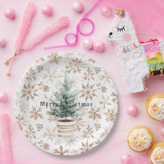Cream White Snowflakes Christmas Tree  Pappteller (Party)
