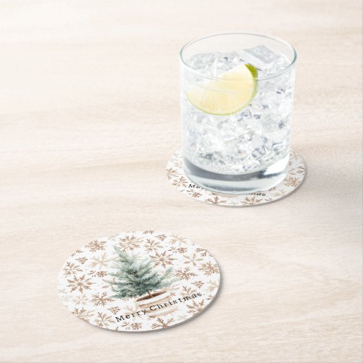 Cream White Snowflakes Christmas Tree Runder Pappuntersetzer (Vor Ort)