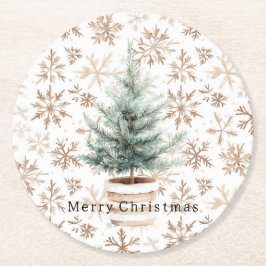 Cream White Snowflakes Christmas Tree  Runder Pappuntersetzer