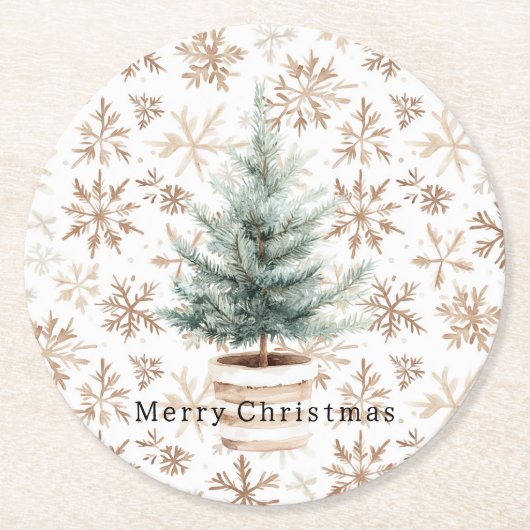 Cream White Snowflakes Christmas Tree Runder Pappuntersetzer (Vorderseite)