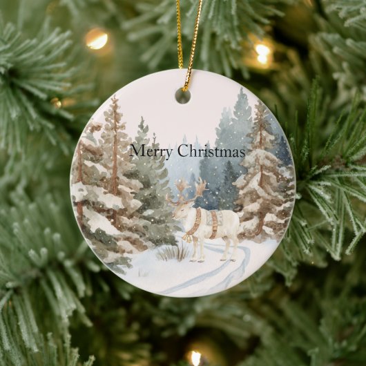 Cream White Stripes Deer Christmas Trees Keramik Ornament (Baum)