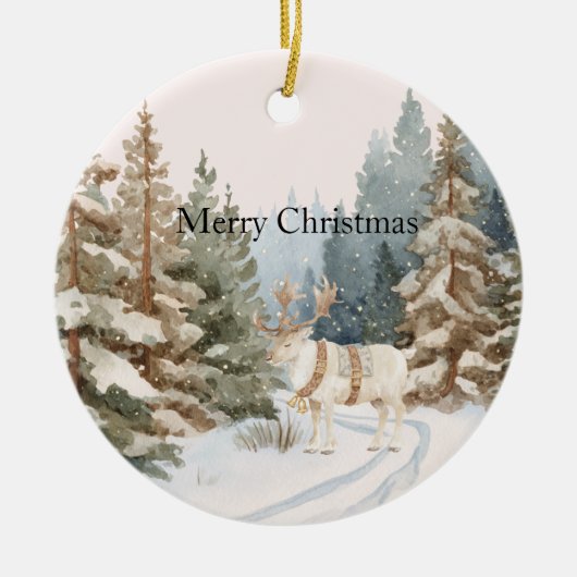 Cream White Stripes Deer Christmas Trees Keramik Ornament (Vorne)