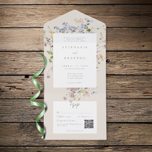 Cream Wildflower-Garten Elegante Hochzeit QR All In One Einladung